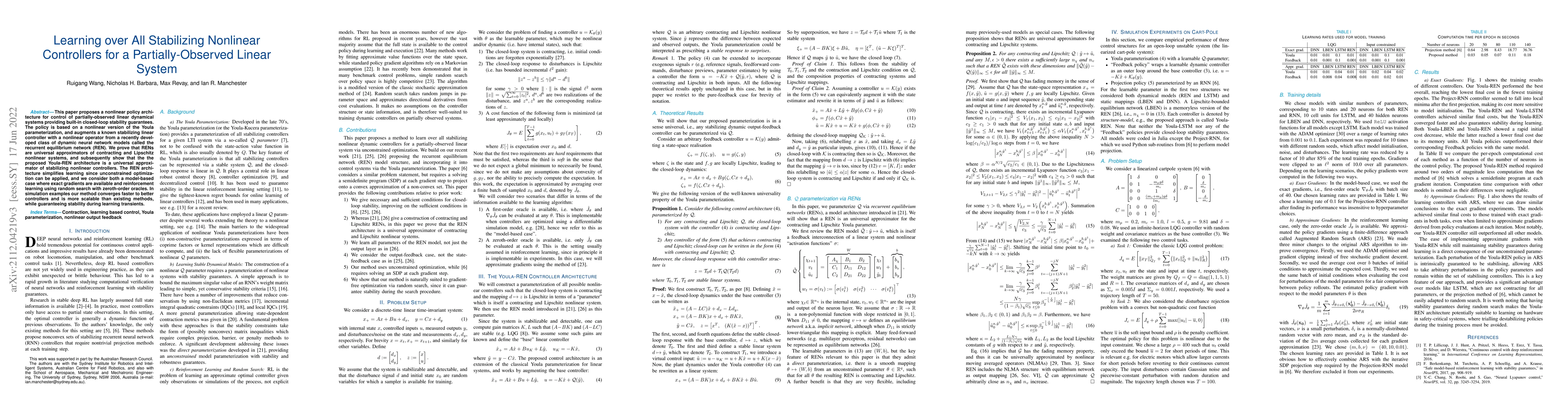 Thumbnail for Learning over All Stabilizing Nonlinear Controllers for a
  Partially-Observed Linear System