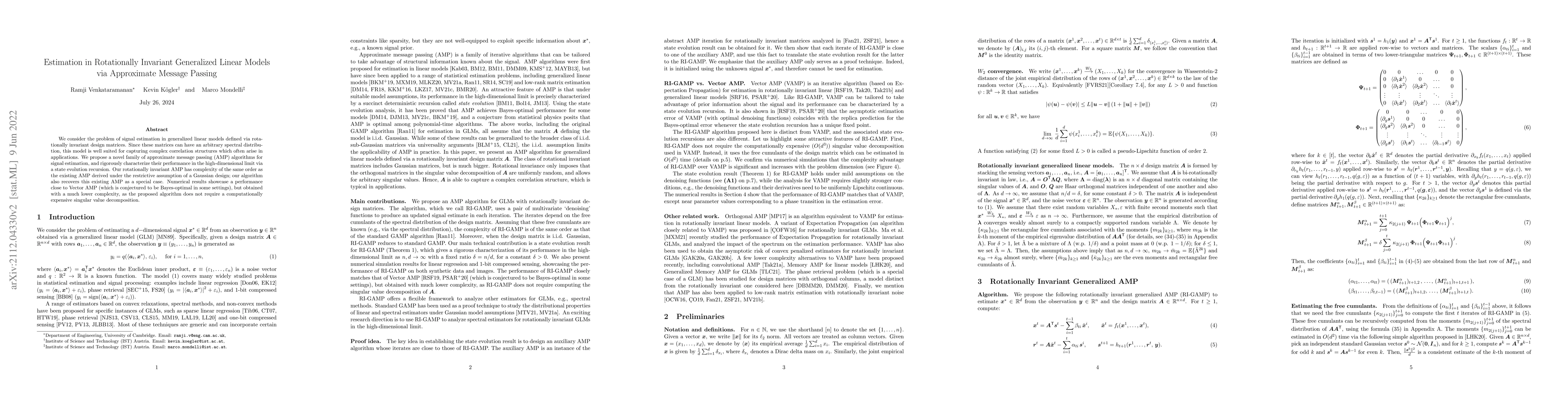 Thumbnail for Estimation in Rotationally Invariant Generalized Linear Models via
  Approximate Message Passing