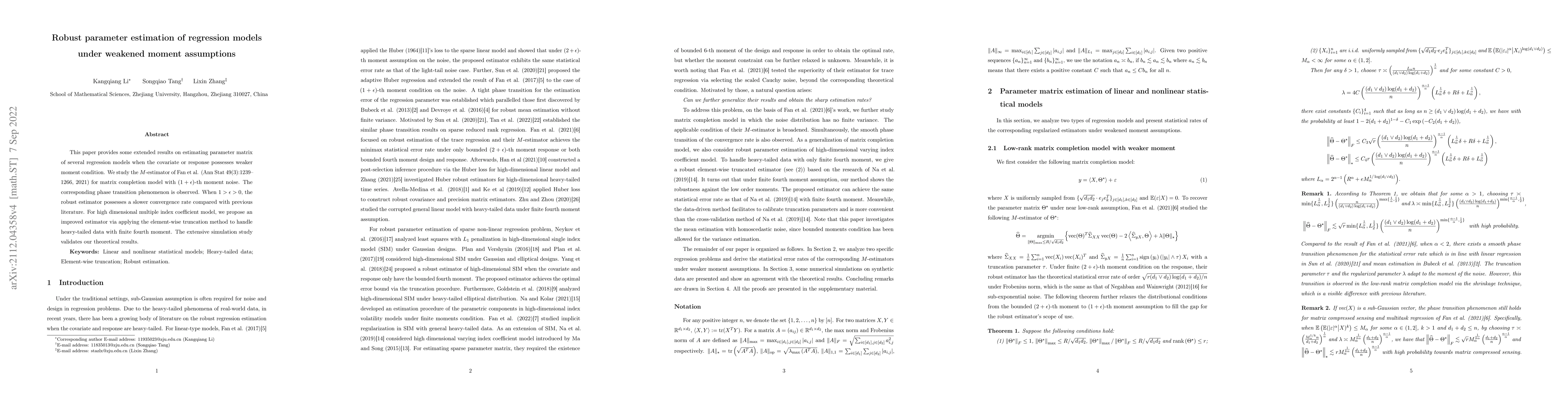Thumbnail for Robust parameter estimation of regression model under weakened moment
  assumptions