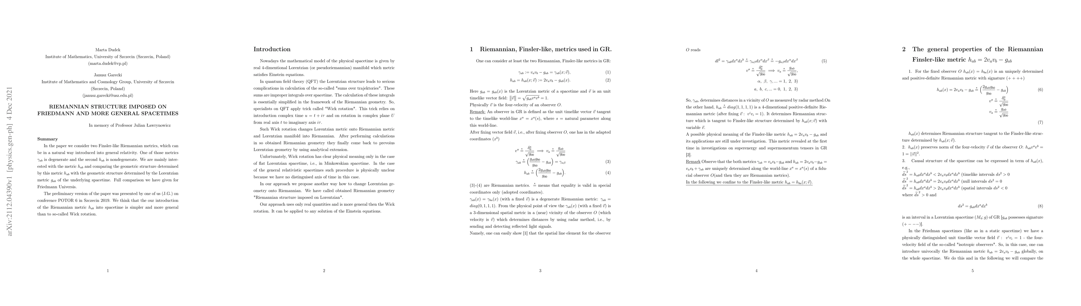 Thumbnail for Riemannian Structure imposed on Friedmann and more general spacetimes