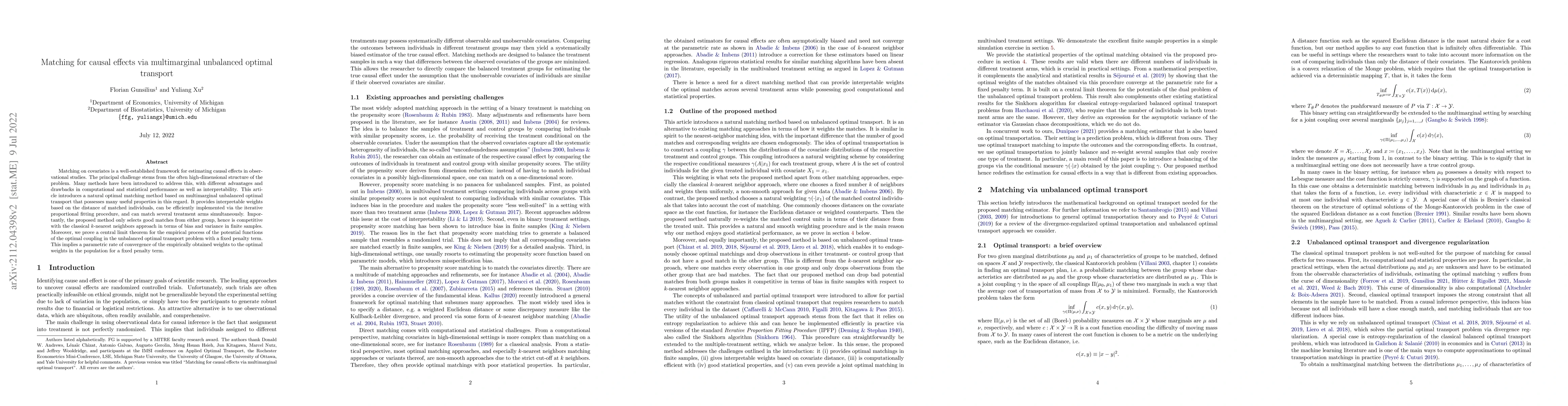 Thumbnail for Matching for causal effects via multimarginal unbalanced optimal
  transport