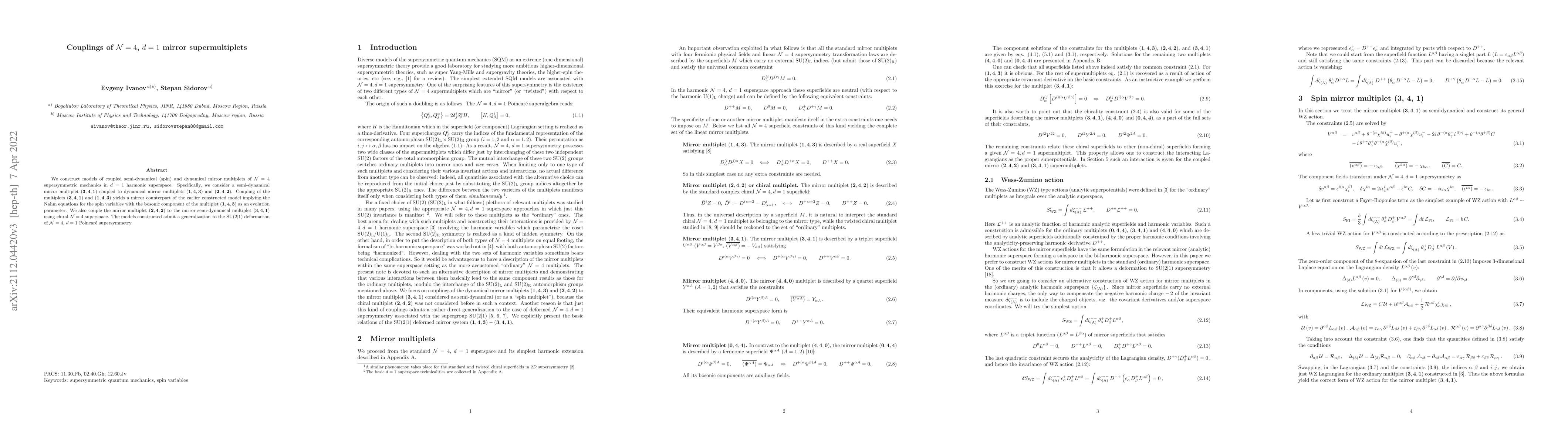 Thumbnail for Couplings of ${\cal N}=4$, $d=1$ mirror supermultiplets