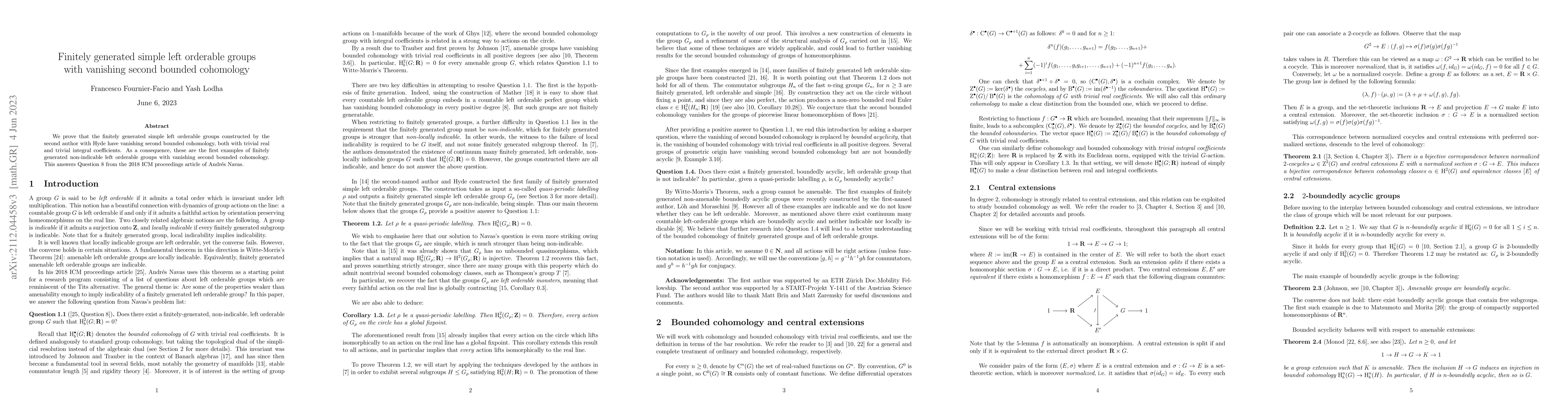 Thumbnail for Finitely generated simple left orderable groups with vanishing second
  bounded cohomology