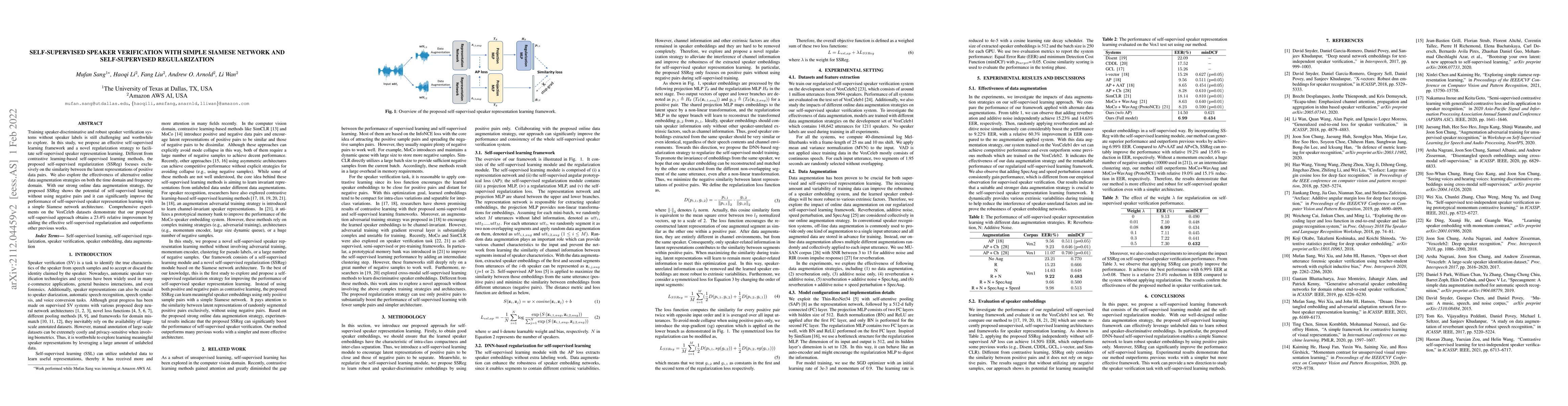 Thumbnail for Self-Supervised Speaker Verification with Simple Siamese Network and
  Self-Supervised Regularization