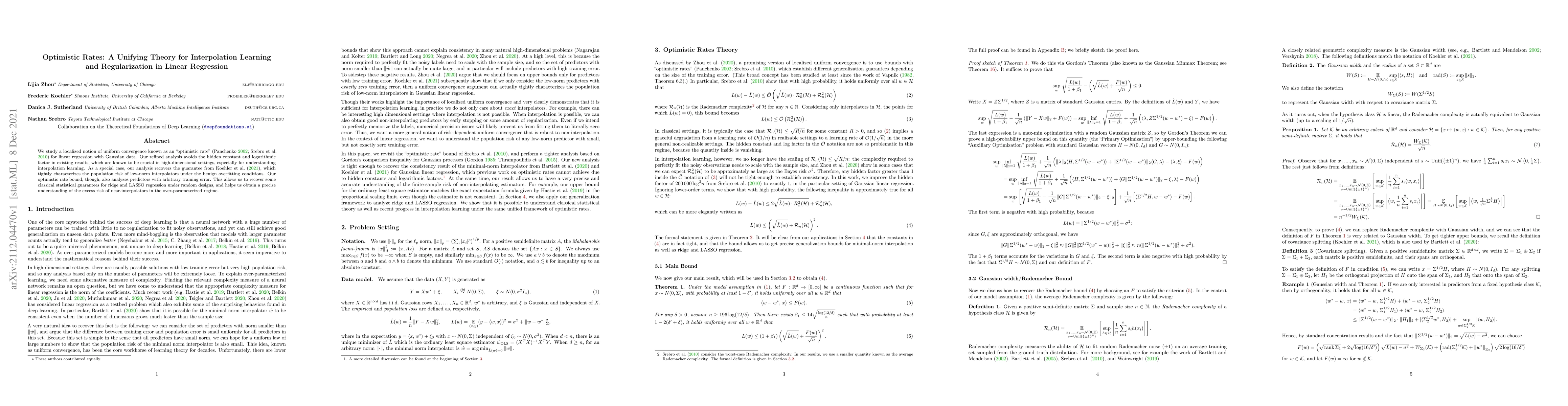 Thumbnail for Optimistic Rates: A Unifying Theory for Interpolation Learning and
  Regularization in Linear Regression