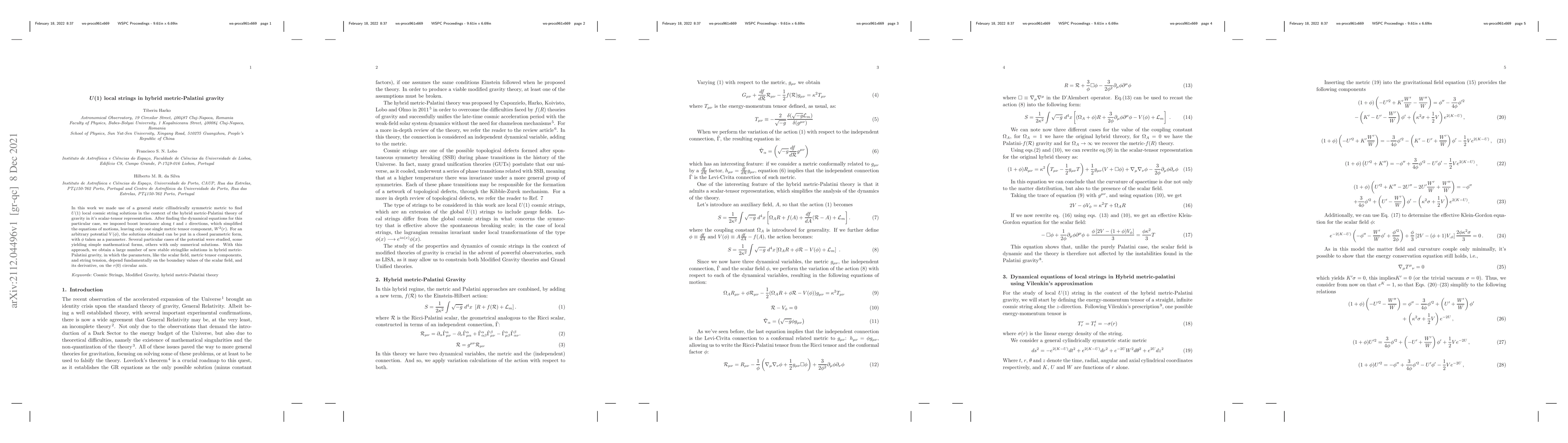 Thumbnail for $U(1)$ local strings in hybrid metric-Palatini gravity