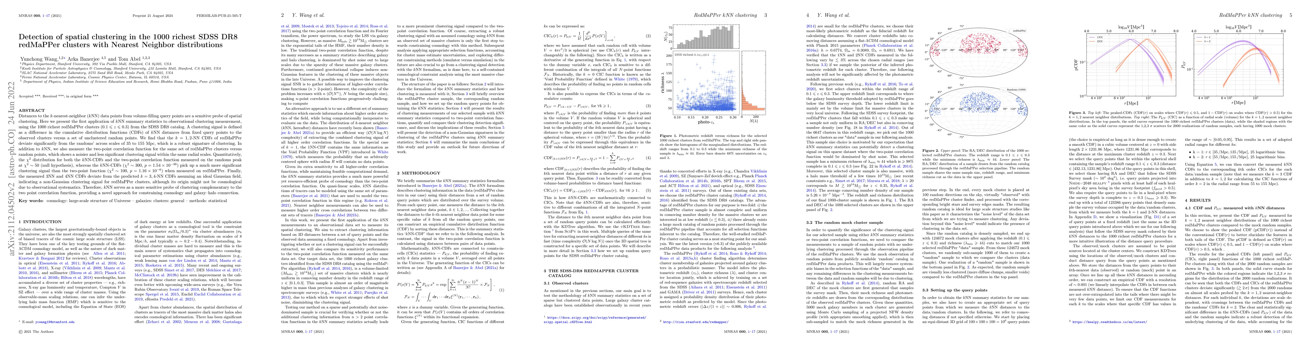 Thumbnail for Detection of spatial clustering in the 1000 richest SDSS DR8 redMaPPer
  clusters with Nearest Neighbor distributions
