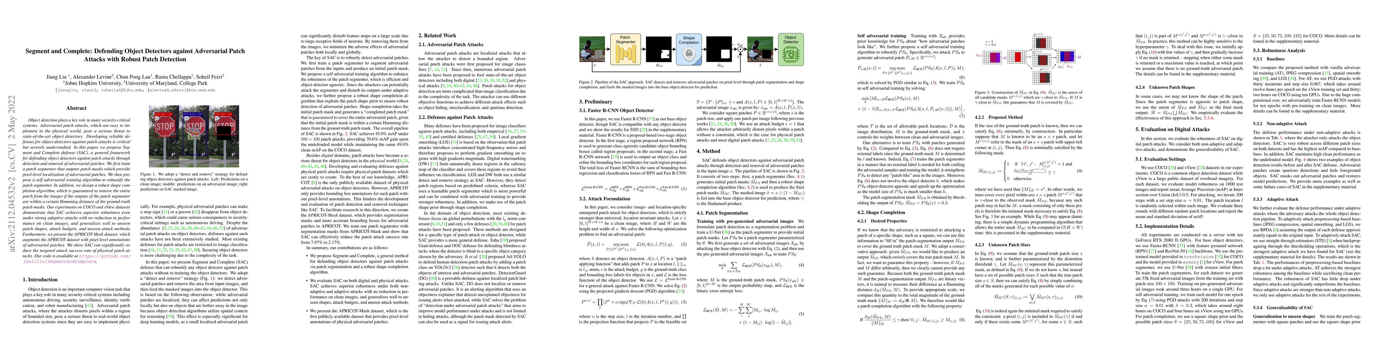 Thumbnail for Segment and Complete: Defending Object Detectors against Adversarial
  Patch Attacks with Robust Patch Detection