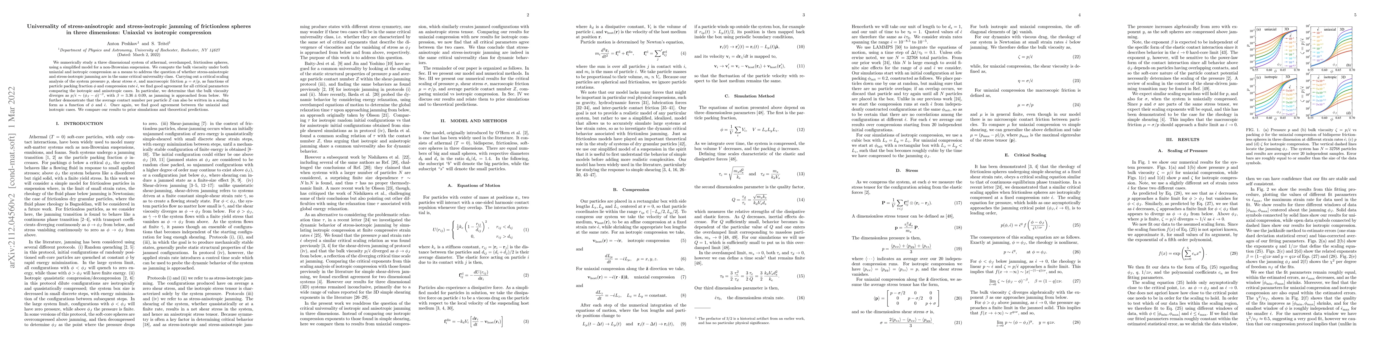 Thumbnail for Universality of stress-anisotropic and stress-isotropic jamming of
  frictionless spheres in three dimensions: Uniaxial vs isotropic compression