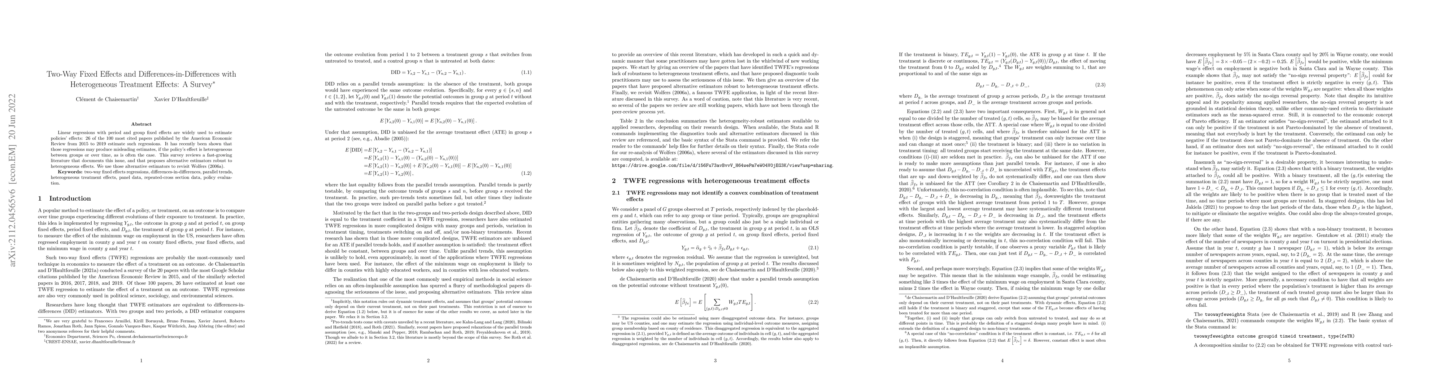 Thumbnail for Two-Way Fixed Effects and Differences-in-Differences with Heterogeneous
  Treatment Effects: A Survey