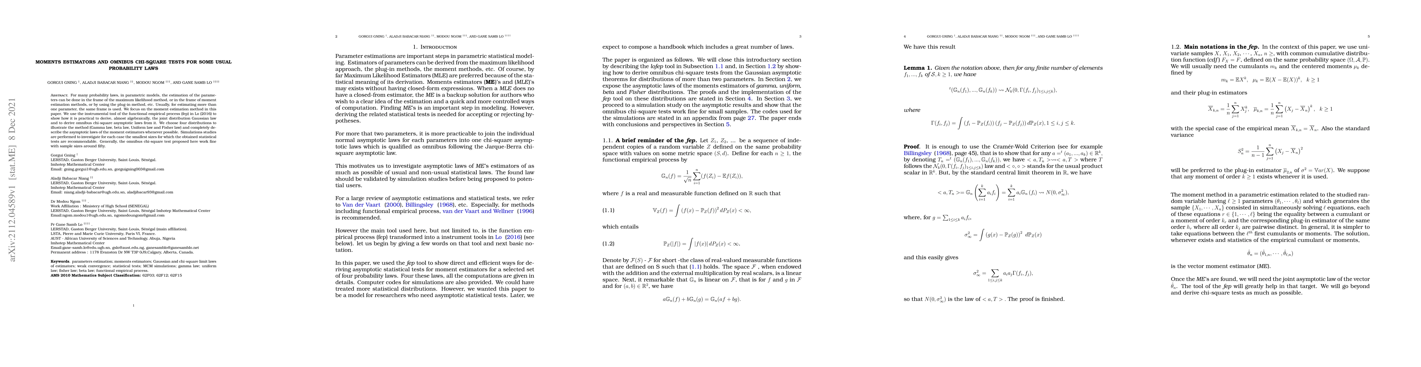 Thumbnail for Moments estimators and omnibus chi-square tests for some usual
  probability laws