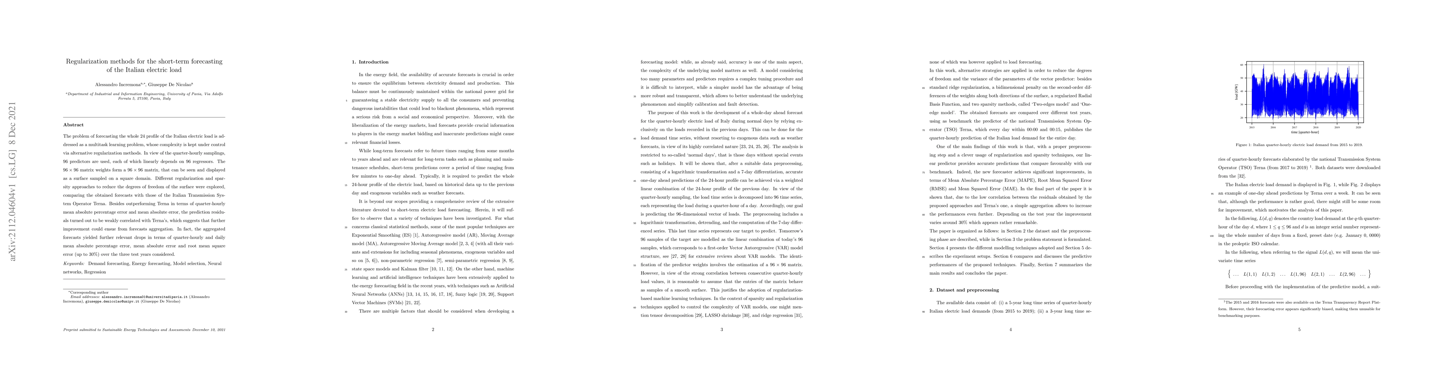 Thumbnail for Regularization methods for the short-term forecasting of the Italian
  electric load