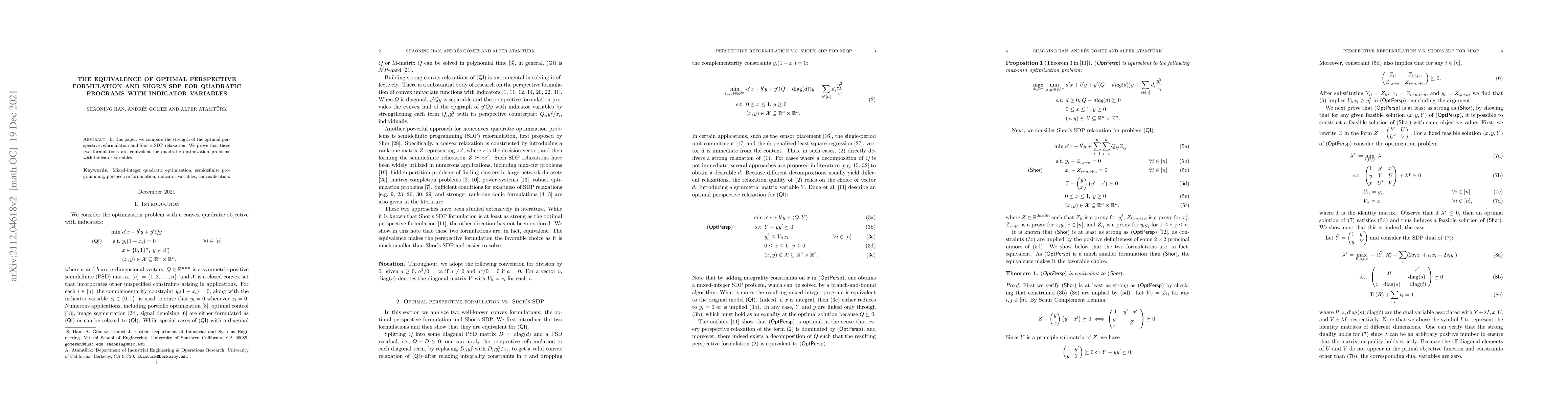 Thumbnail for The equivalence of optimal perspective formulation and Shor's SDP for
  quadratic programs with indicator variables