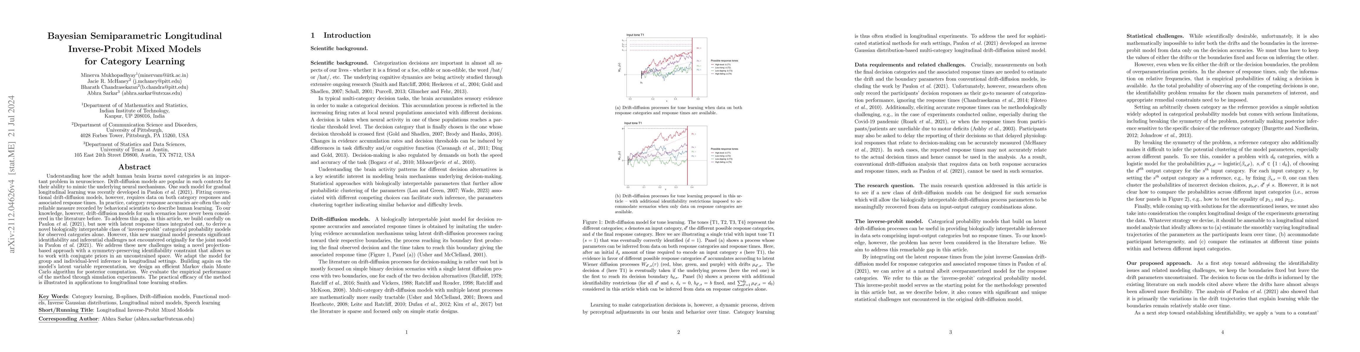 Thumbnail for Bayesian Semiparametric Longitudinal Inverse-Probit Mixed Models for
  Category Learning