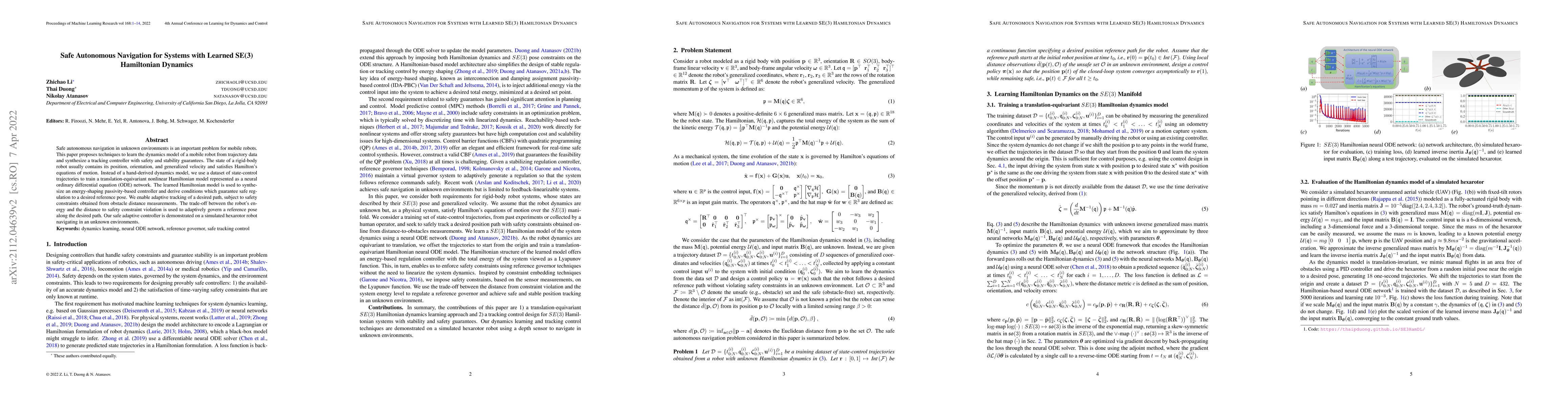 Thumbnail for Safe Autonomous Navigation for Systems with Learned SE(3) Hamiltonian
  Dynamics
