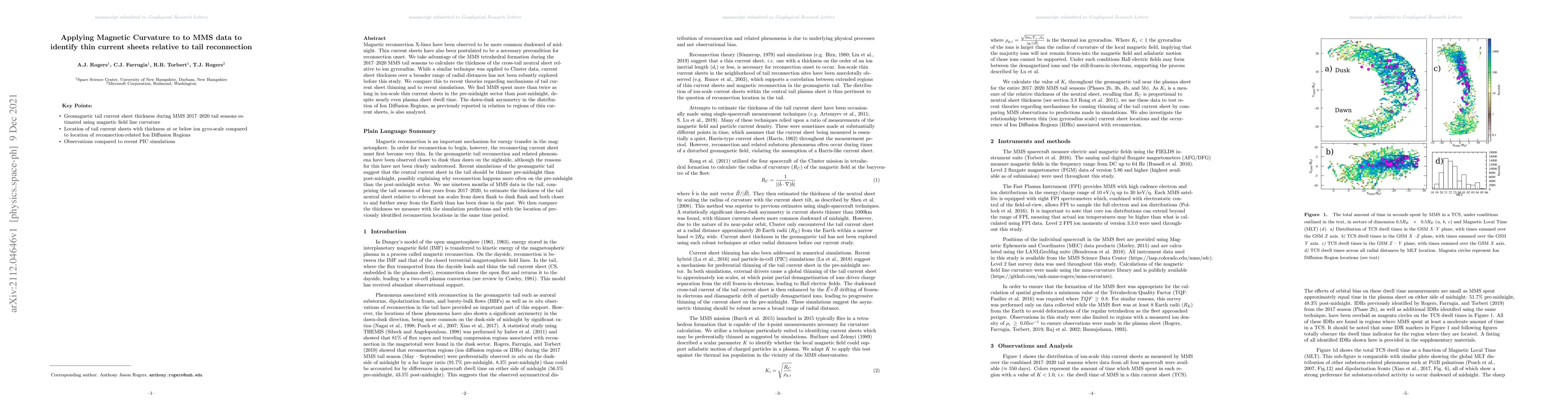 Thumbnail for Applying Magnetic Curvature to to MMS data to identify thin current
  sheets relative to tail reconnection