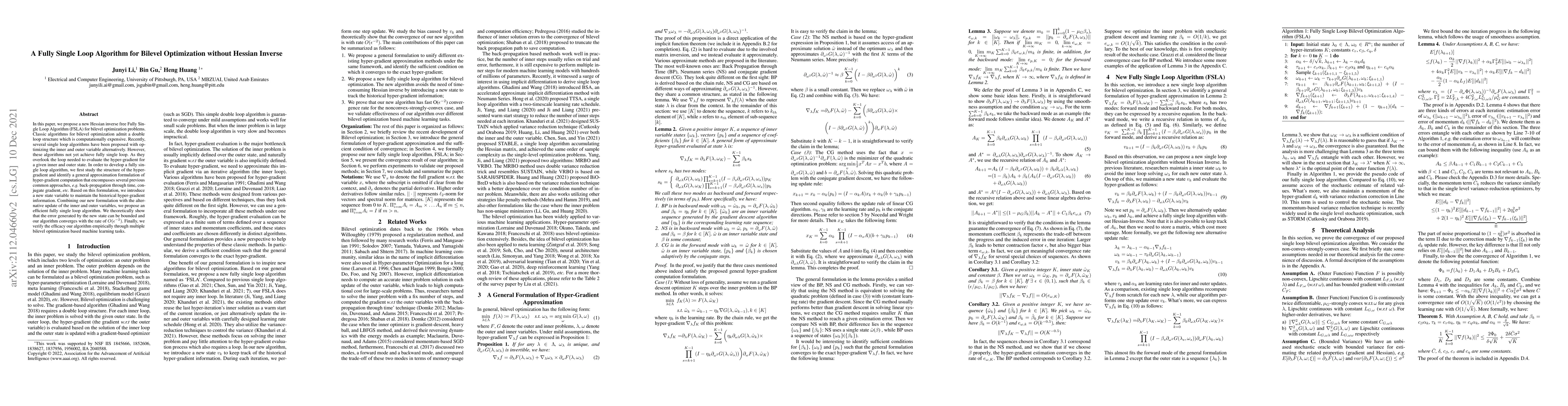 Thumbnail for A Fully Single Loop Algorithm for Bilevel Optimization without Hessian
  Inverse