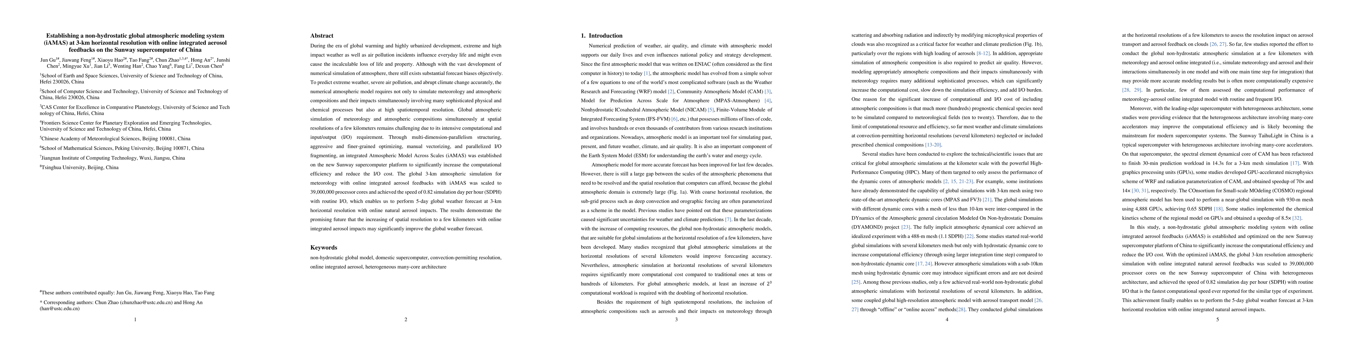Thumbnail for Establishing a non-hydrostatic global atmospheric modeling system
  (iAMAS) at 3-km horizontal resolution with online integrated aerosol
  feedbacks on the Sunway supercomputer of China