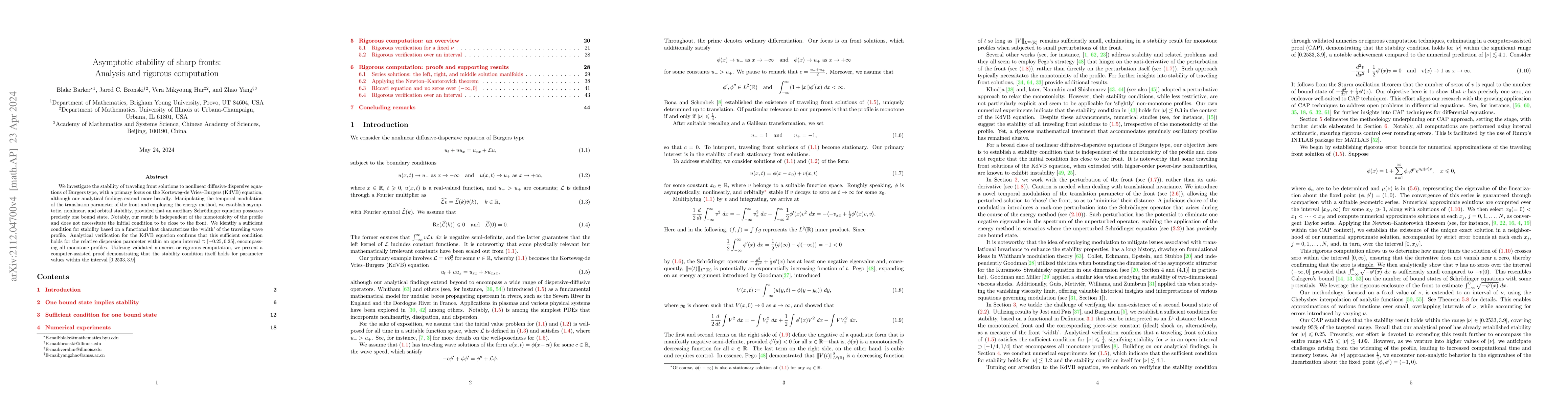 Thumbnail for Asymptotic stability of sharp fronts: Analysis and rigorous computation