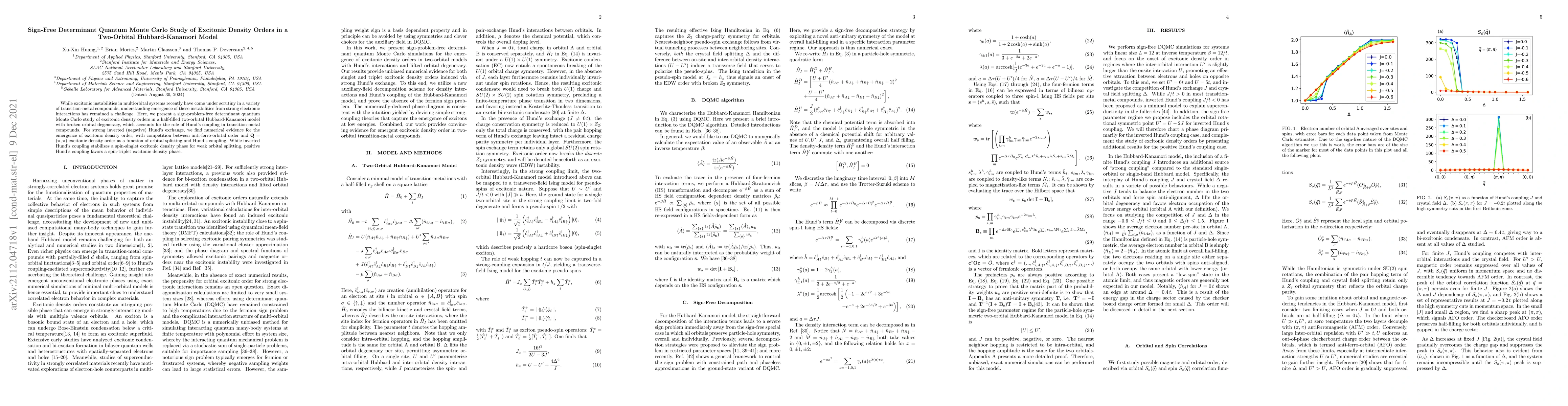 Thumbnail for Sign-Free Determinant Quantum Monte Carlo Study of Excitonic Density
  Orders in a Two-Orbital Hubbard-Kanamori Model