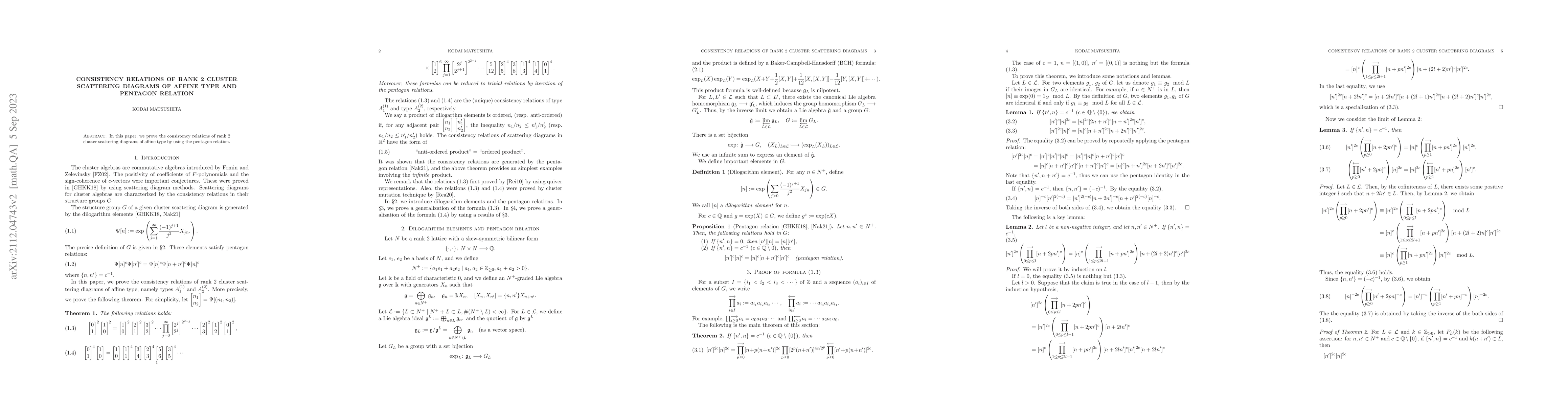 Thumbnail for Consistency relations of rank 2 cluster scattering diagrams of affine
  type and pentagon relation