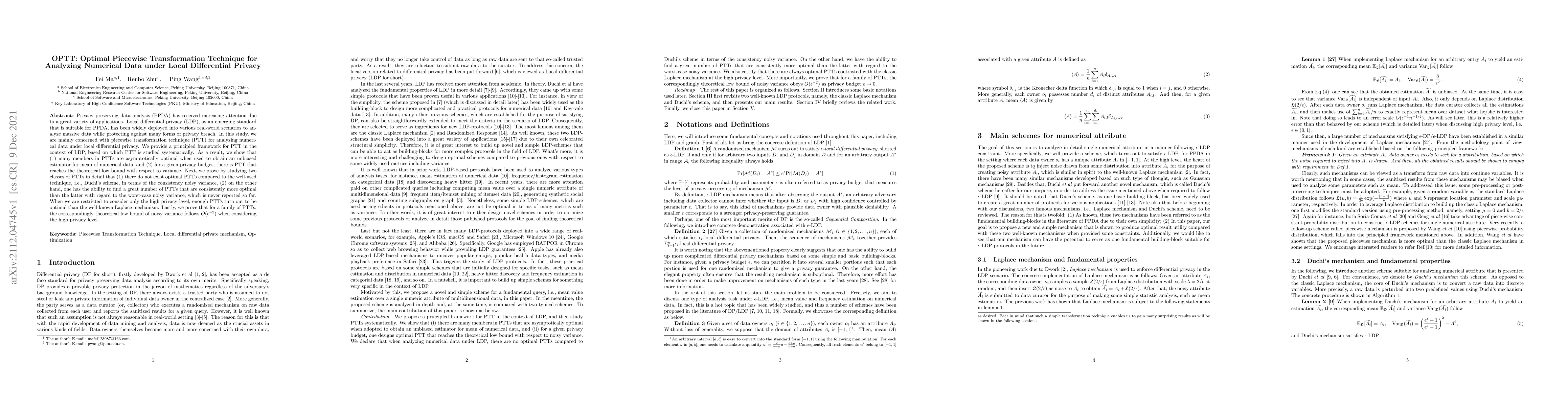 Thumbnail for OPTT: Optimal Piecewise Transformation Technique for Analyzing Numerical
  Data under Local Differential Privacy