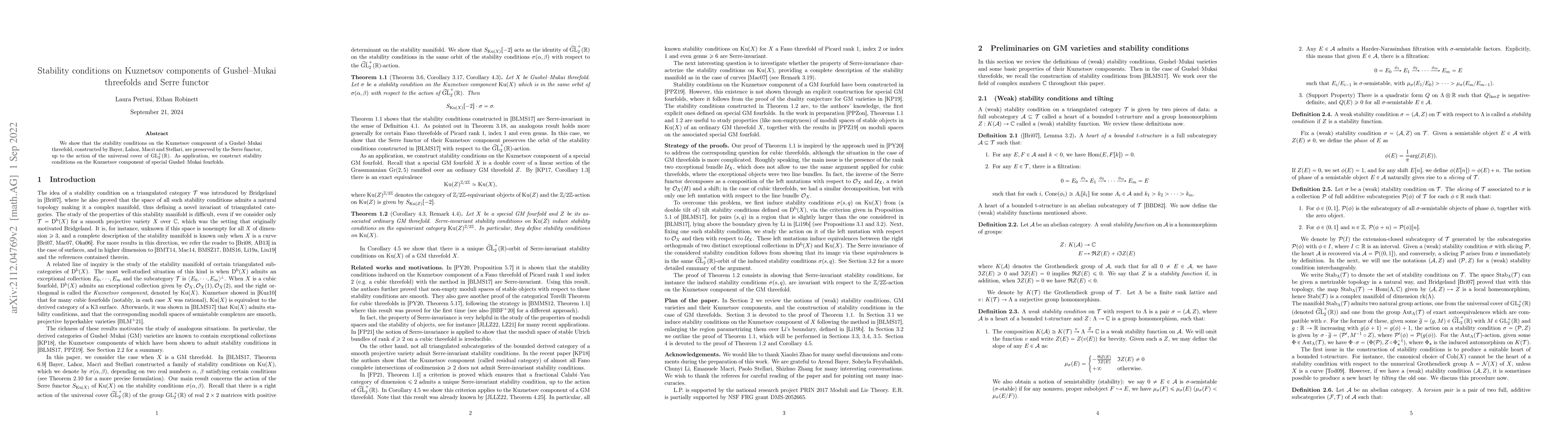 Thumbnail for Stability conditions on Kuznetsov components of Gushel-Mukai threefolds
  and Serre functor