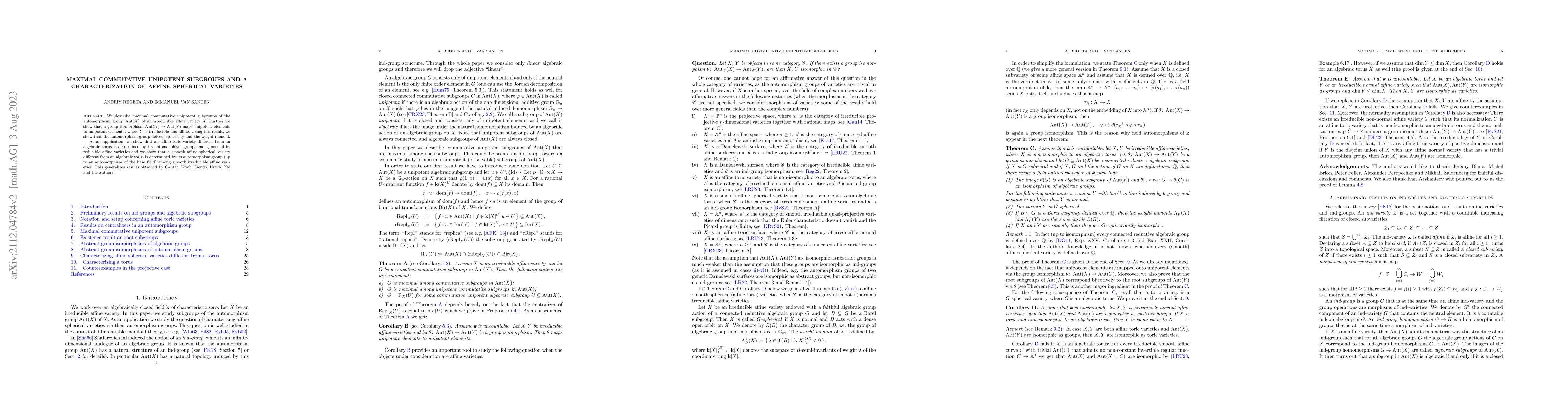 Thumbnail for Maximal commutative unipotent subgroups and a characterization of affine
  spherical varieties