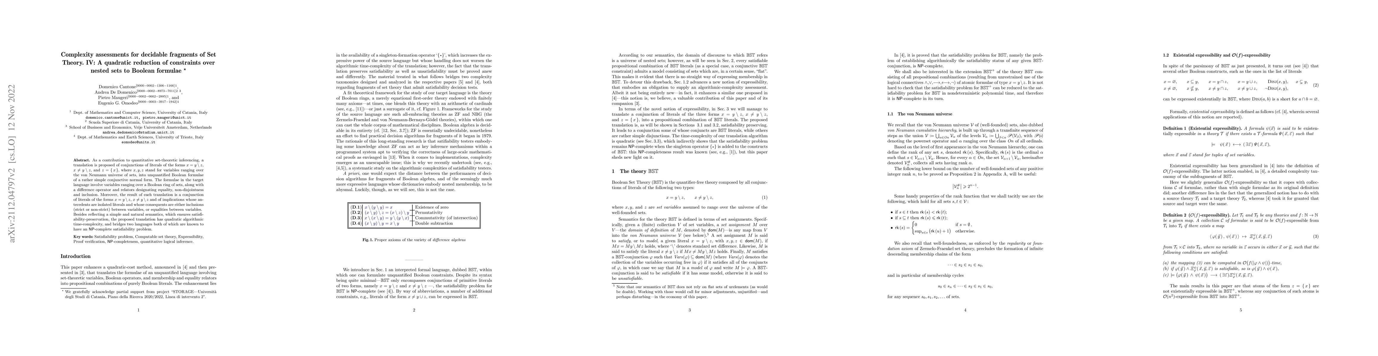 Thumbnail for Complexity assessments for decidable fragments of Set Theory. IV: A
  quadratic reduction of constraints over nested sets to Boolean formulae