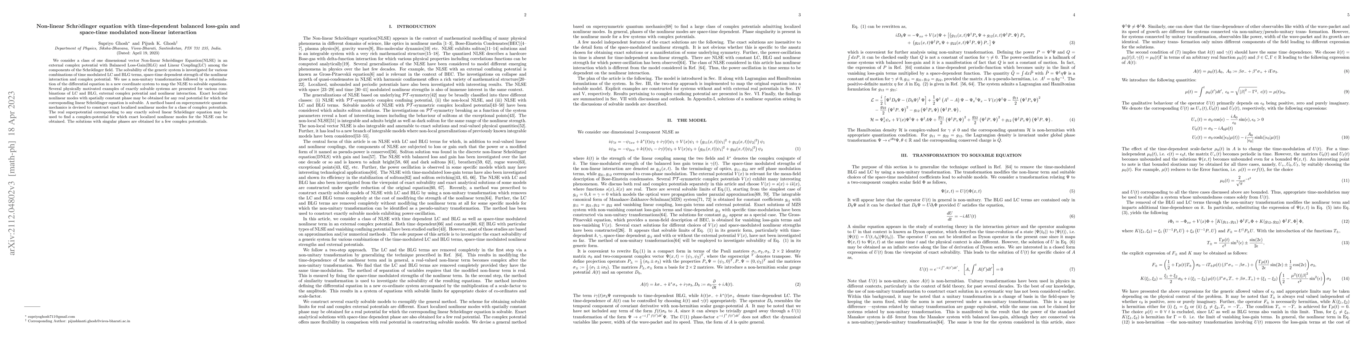 Thumbnail for Non-linear Schr$\ddot{o}$dinger equation with time-dependent balanced
  loss-gain and space-time modulated non-linear interaction