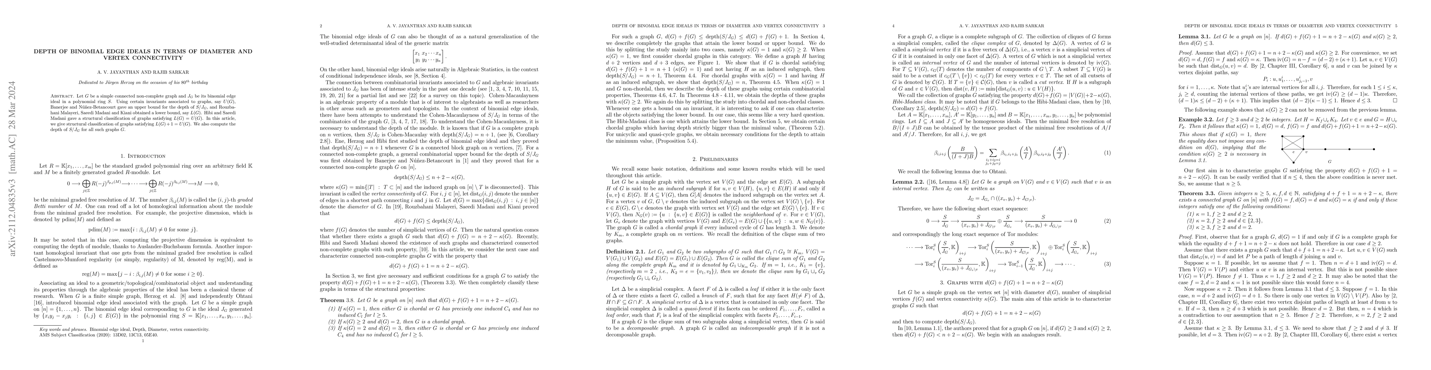 Thumbnail for Depth of Binomial Edge Ideals in terms of Diameter and Vertex
  Connectivity