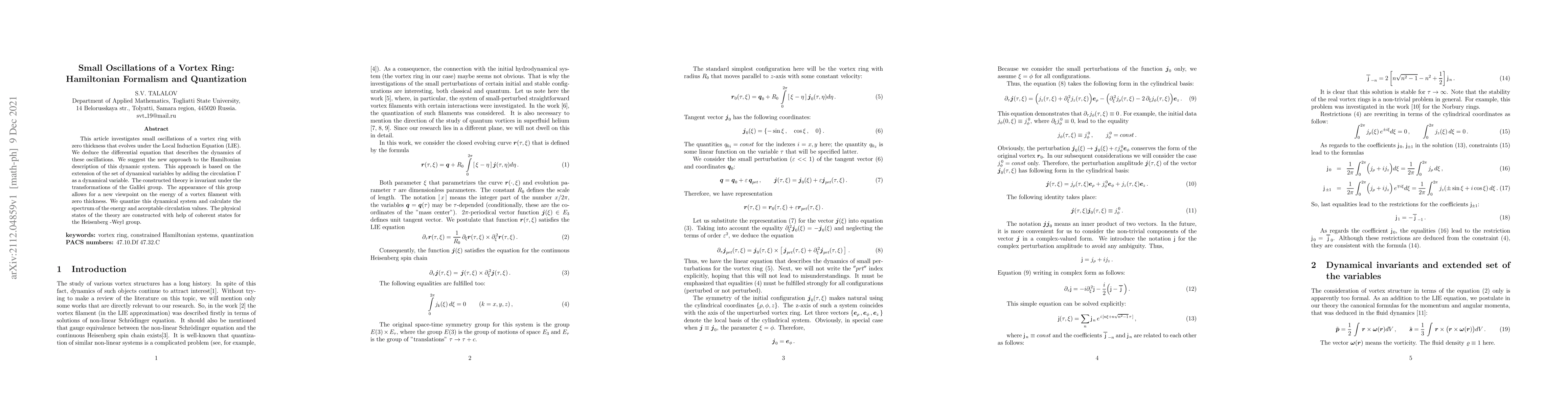 Thumbnail for Small Oscillations of a Vortex Ring: Hamiltonian Formalism and
  Quantization