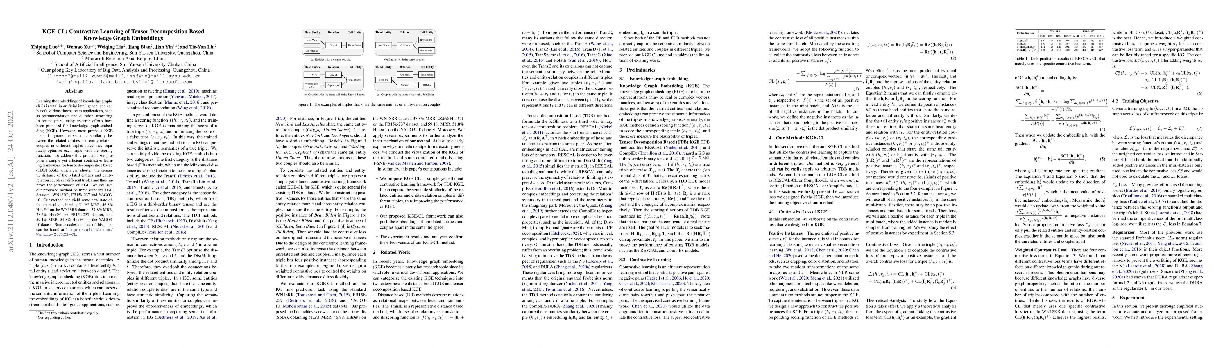 Thumbnail for KGE-CL: Contrastive Learning of Tensor Decomposition Based Knowledge
  Graph Embeddings