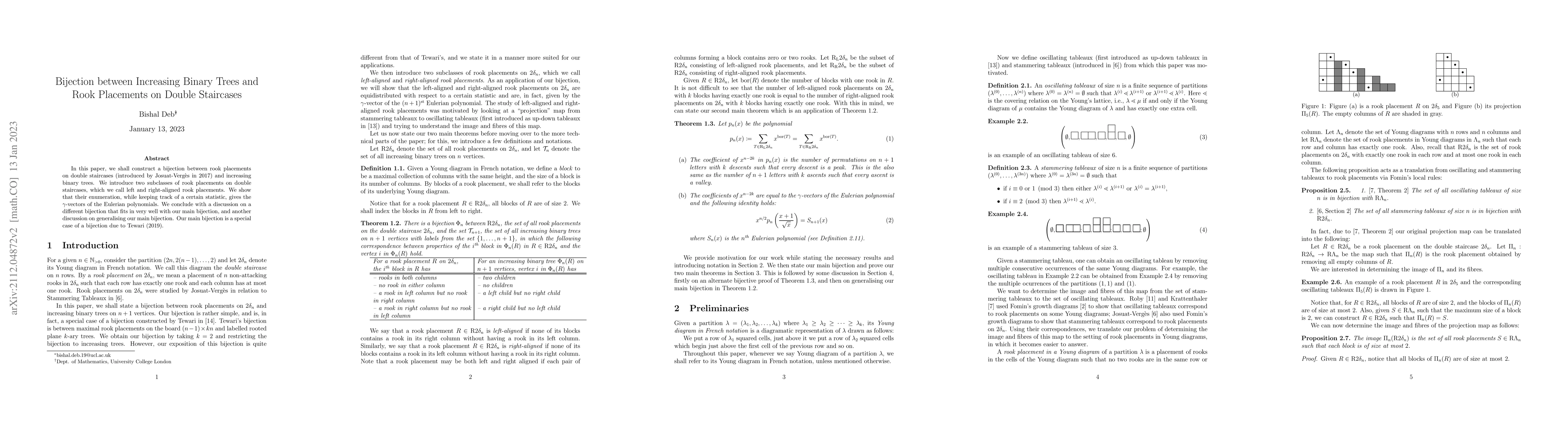 Thumbnail for Bijection between Increasing Binary Trees and Rook Placements on Double
  Staircases