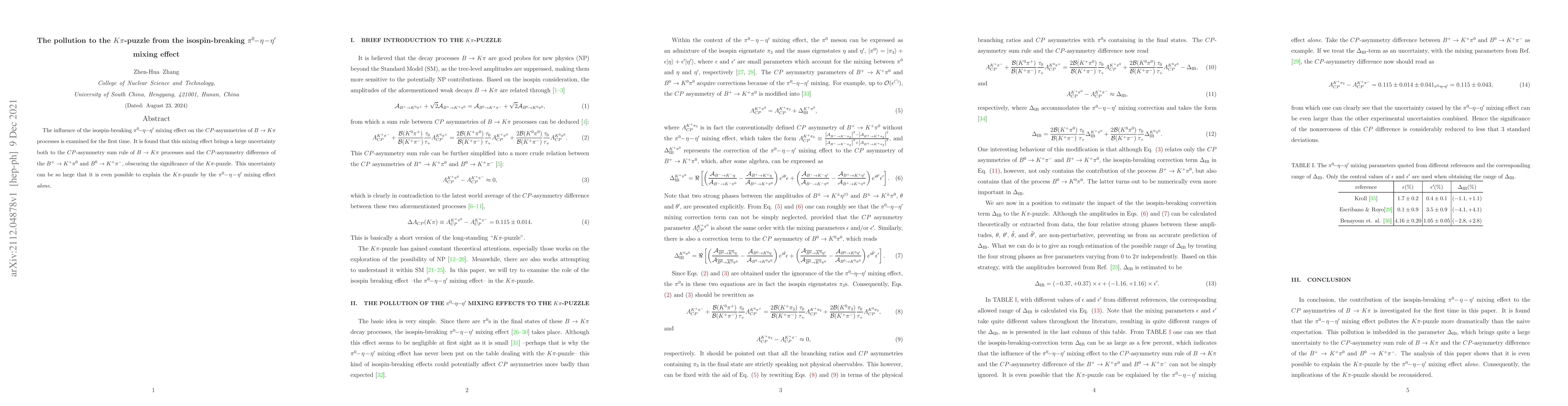 Thumbnail for The pollution to the $K\pi$-puzzle from the isospin-breaking
  $\pi^0-\eta-\eta'$ mixing effect