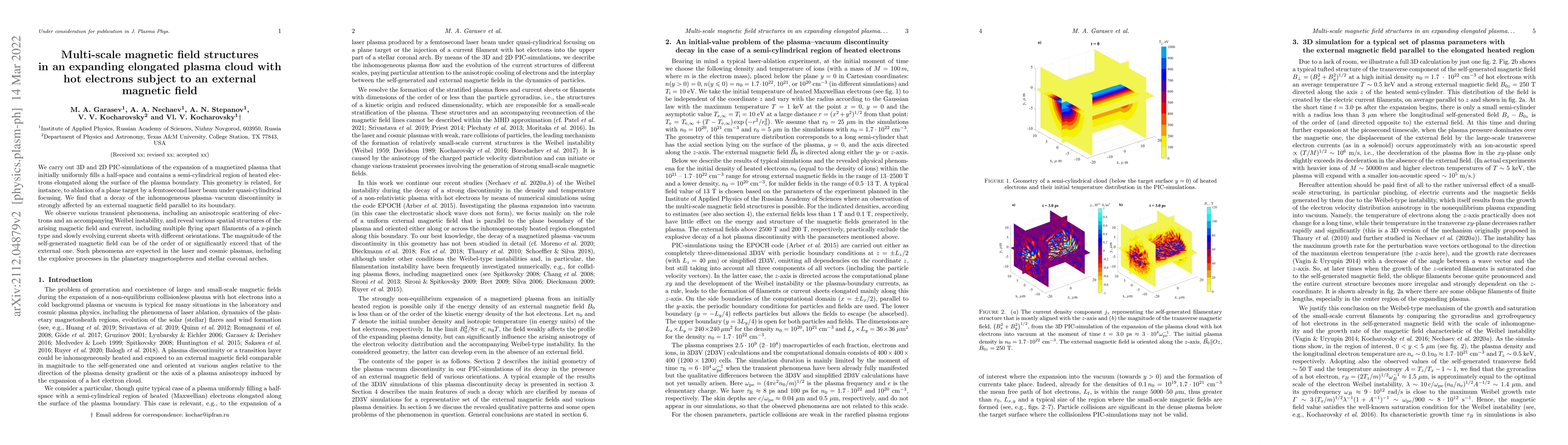 Thumbnail for Multi-scale magnetic field structures in an expanding elongated plasma
  cloud with hot electrons subject to an external magnetic field