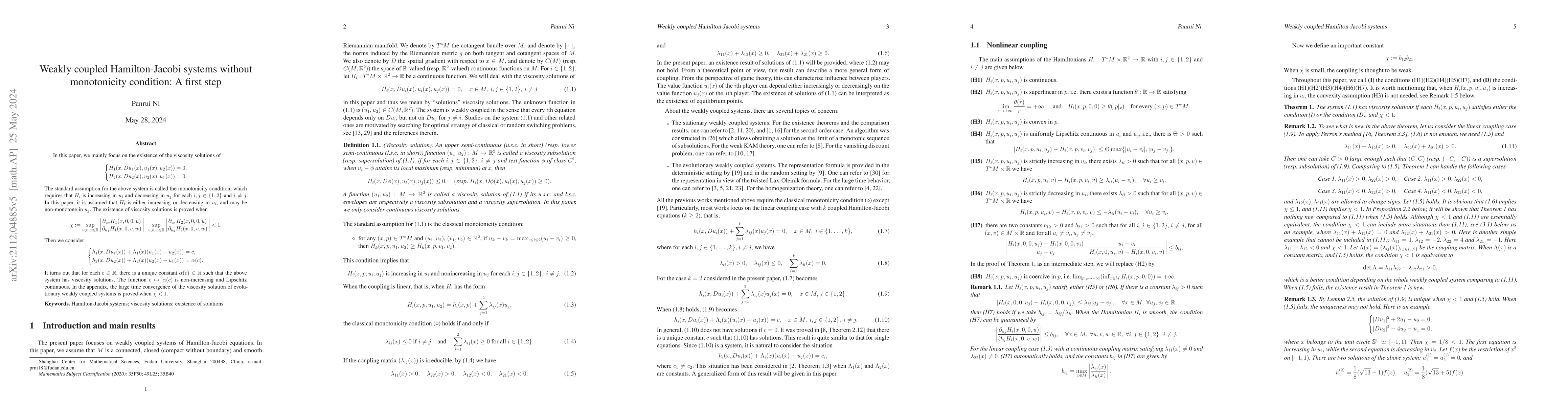 Thumbnail for Weakly coupled Hamilton-Jacobi systems without monotonicity condition: A
  first step