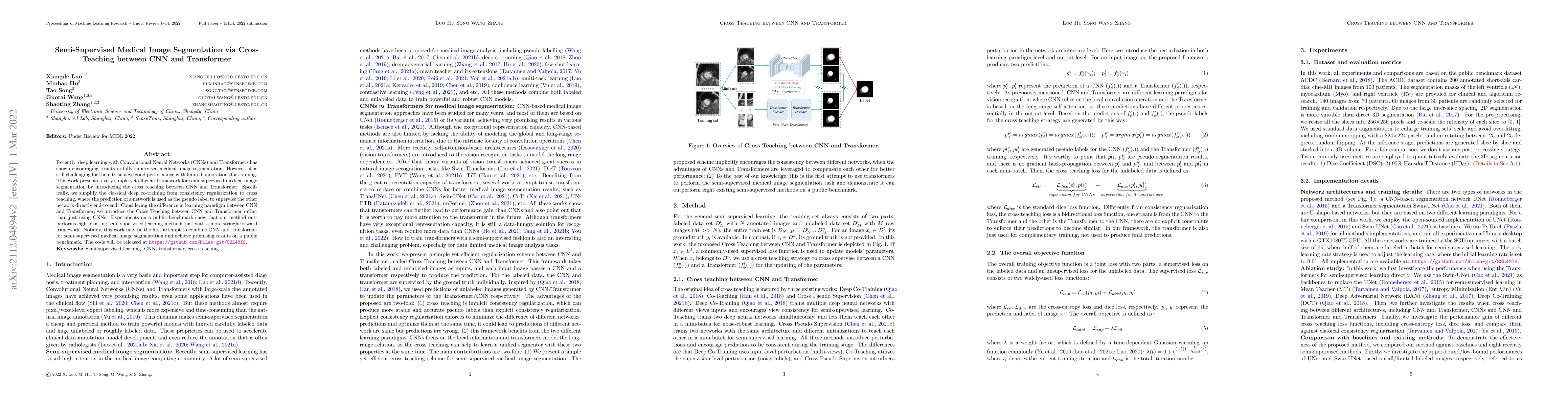 Thumbnail for Semi-Supervised Medical Image Segmentation via Cross Teaching between
  CNN and Transformer