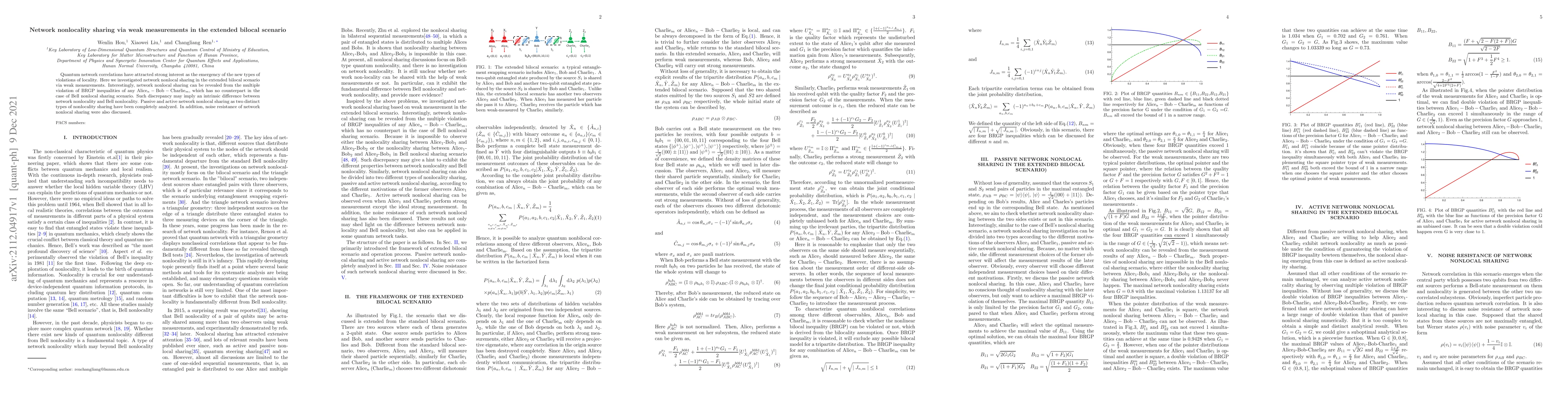 Thumbnail for Network nonlocality sharing via weak measurements in the extended
  bilocal scenario