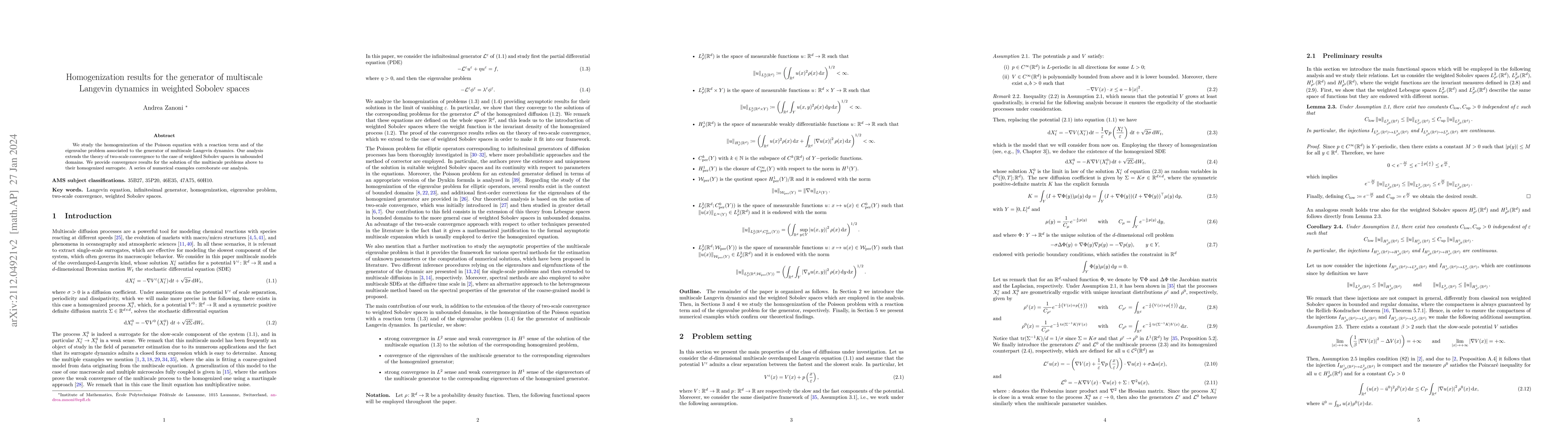 Thumbnail for Homogenization results for the generator of multiscale Langevin dynamics
  in weighted Sobolev spaces