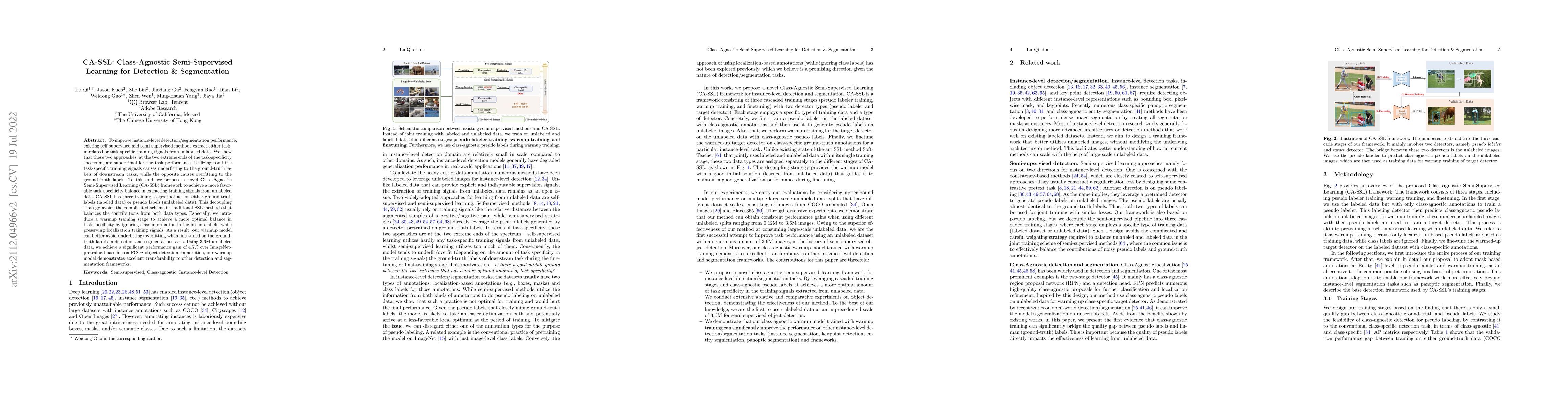 Thumbnail for CA-SSL: Class-Agnostic Semi-Supervised Learning for Detection and
  Segmentation