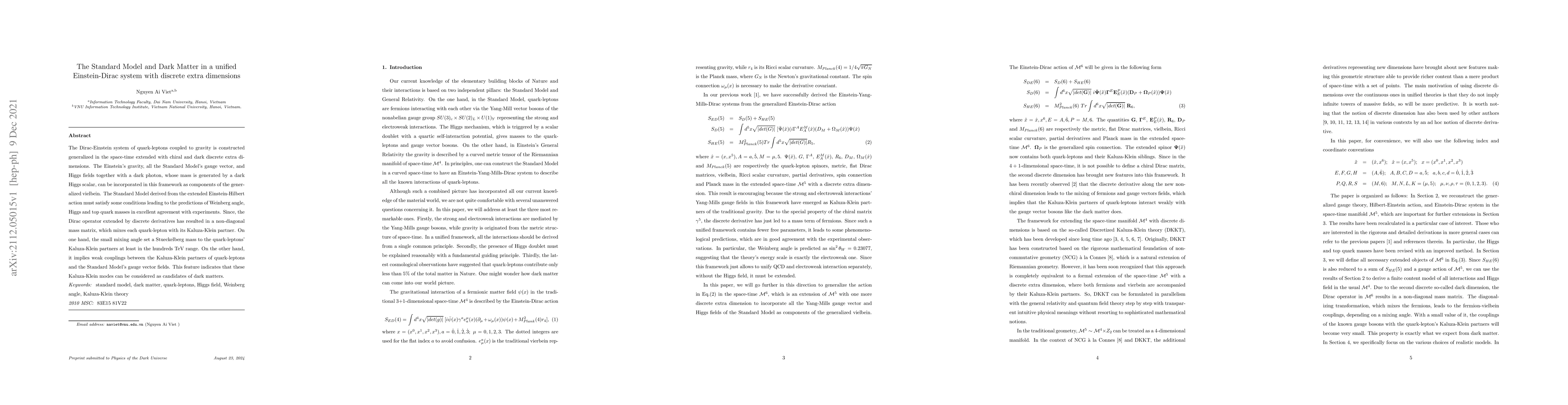 Thumbnail for The Standard Model and Dark Matter in a unified Einstein-Dirac system
  with discrete extra dimensions
