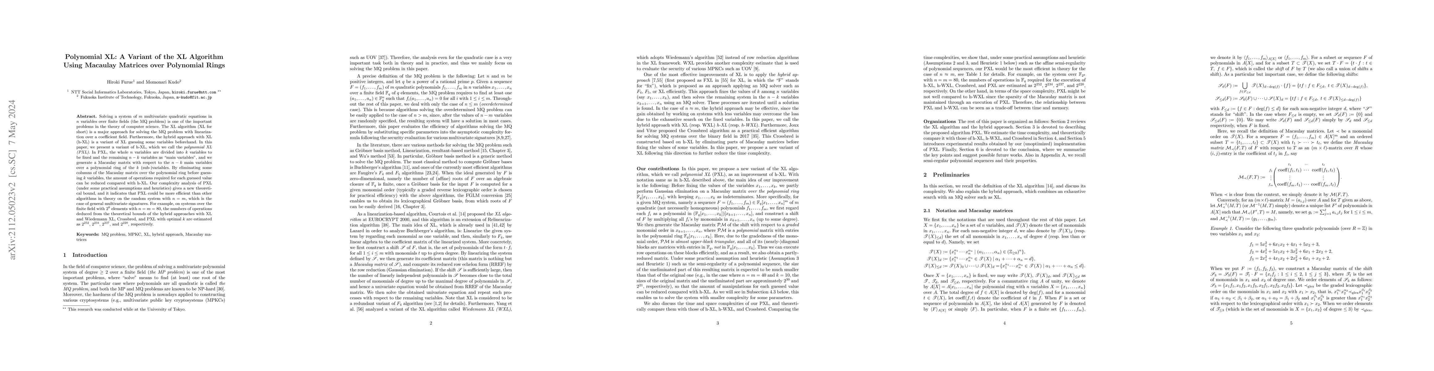 Thumbnail for Polynomial XL: A Variant of the XL Algorithm Using Macaulay Matrices
  over Polynomial Rings