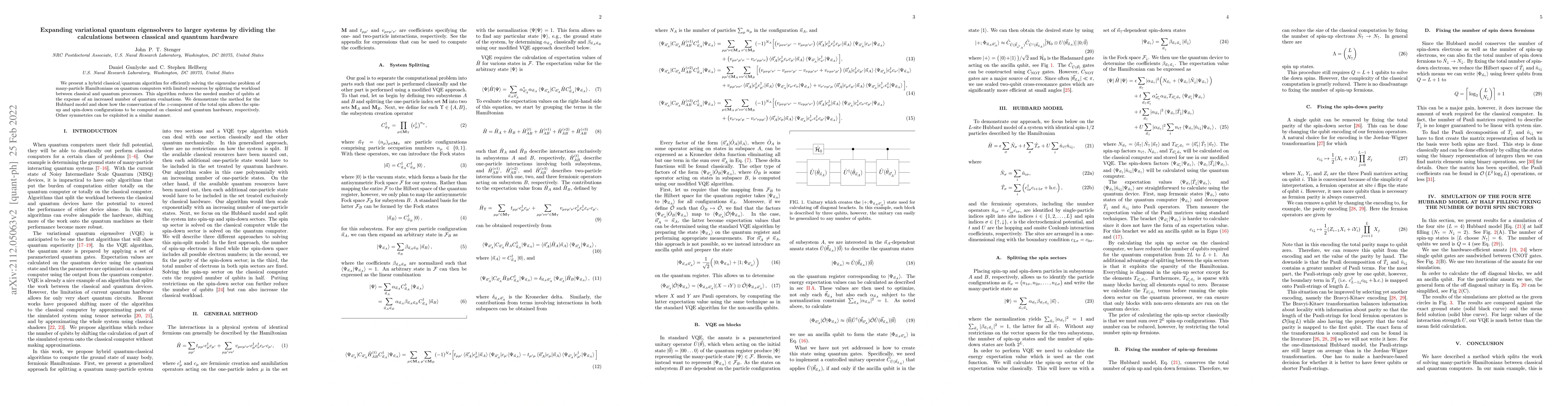 Thumbnail for Expanding variational quantum eigensolvers to larger systems by dividing
  the calculations between classical and quantum hardware