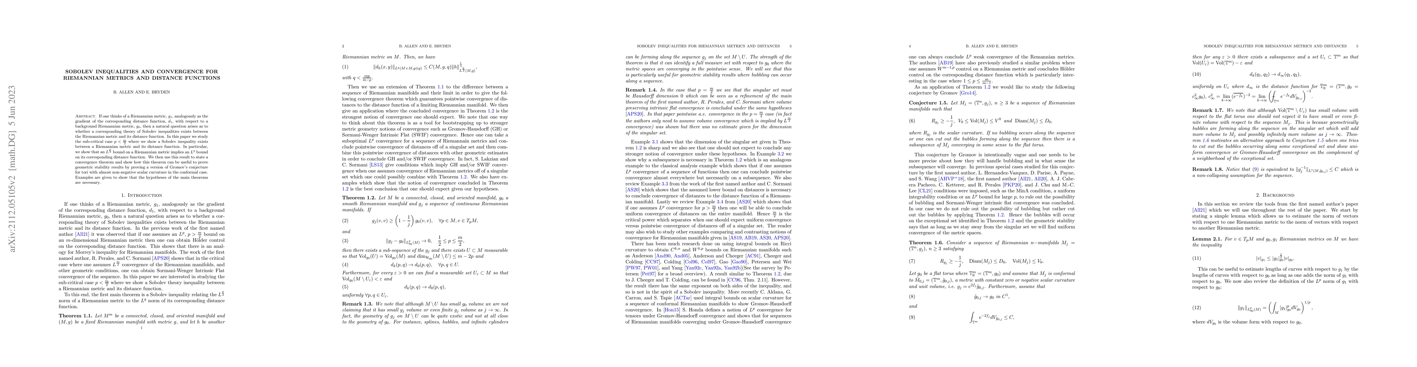 Thumbnail for Sobolev Inequalities and Convergence For Riemannian Metrics and Distance
  Functions