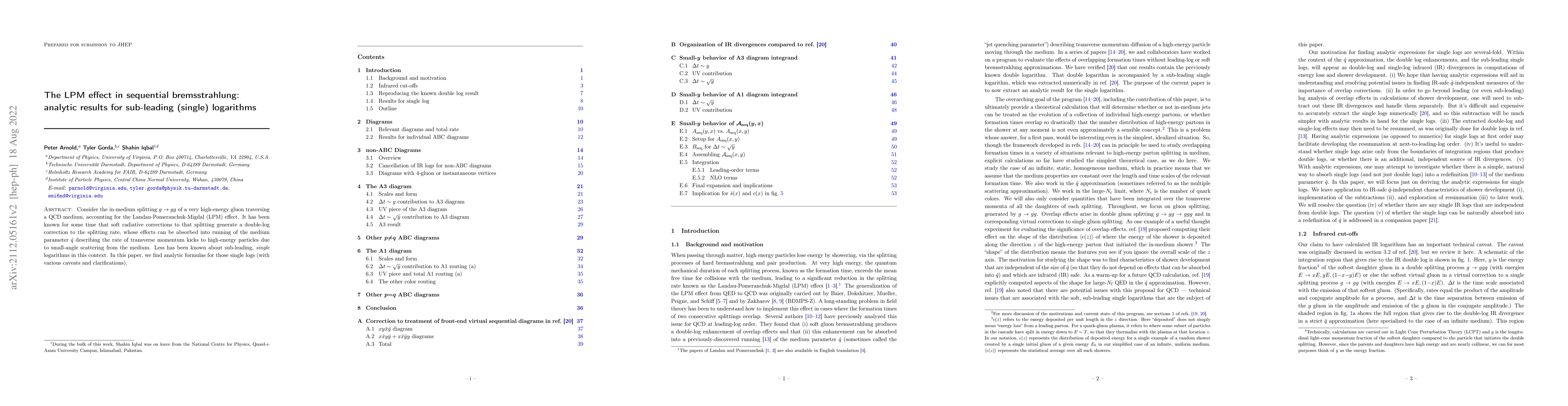 Thumbnail for The LPM effect in sequential bremsstrahlung: analytic results for
  sub-leading (single) logarithms