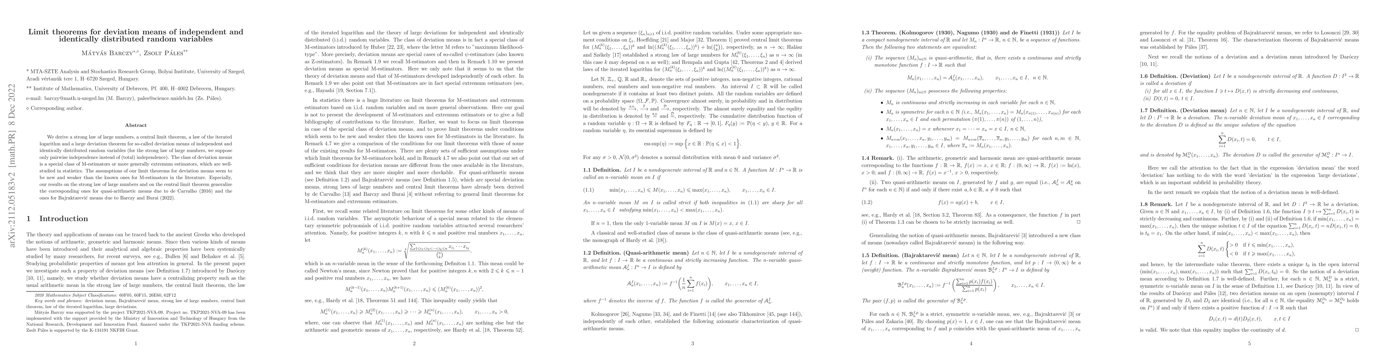 Thumbnail for Limit theorems for deviation means of independent and identically
  distributed random variables