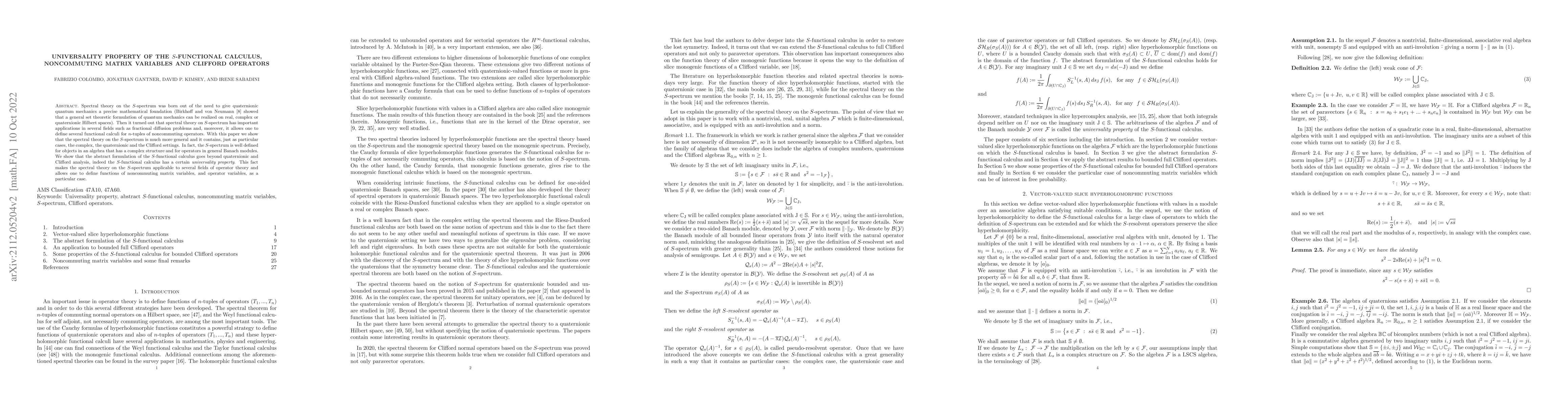 Thumbnail for Universality property of the $S$-functional calculus, noncommuting
  matrix variables and Clifford operators