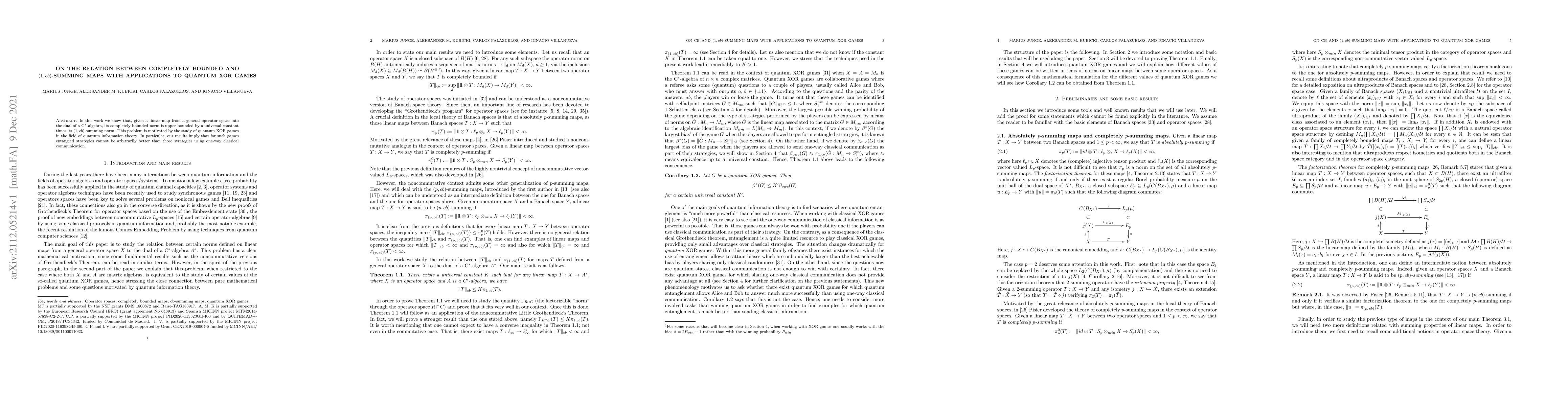 Thumbnail for On the relation between completely bounded and $(1,cb)$-summing maps
  with applications to quantum XOR games