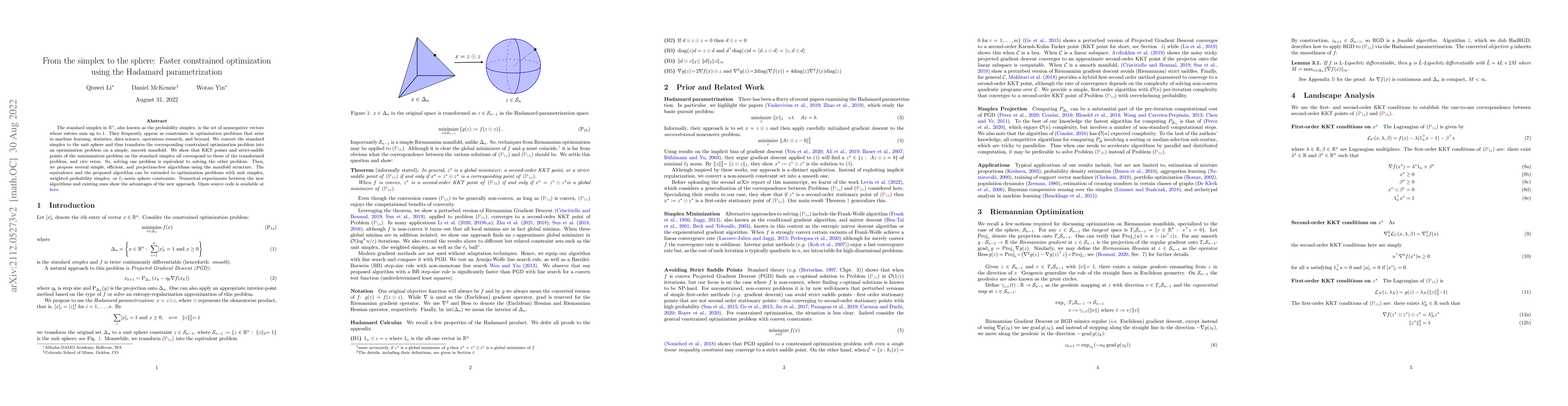 Thumbnail for From the simplex to the sphere: Faster constrained optimization using
  the Hadamard parametrization